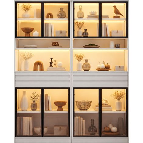 Vetrina 160x35x200 cm in MDF bianco con LED e vano portaoggetti (1/5)