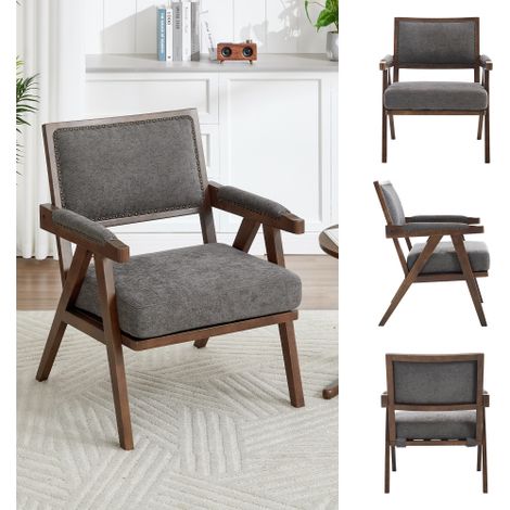 Chaise longue en tissu élégante — Fauteuil indépendant avec structure en bois massif et assise rembourrée — Idéal pour décorer le salon, la chambre, le bureau ou le cabinet de travail (Tissu lin gris) (1/4)