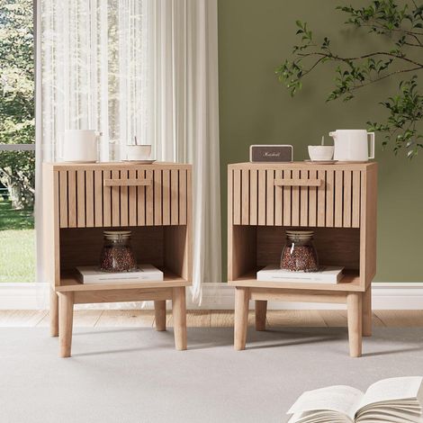 Nachttisch 2er Set im Boho-Stil mit Schublade und offener Ablage, Holz Natur (1/5)