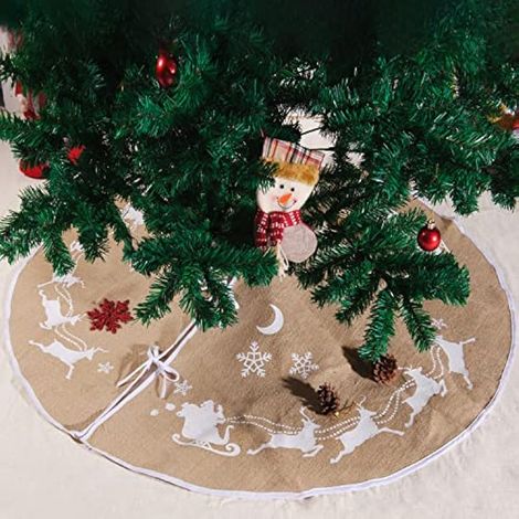 Jupe de sapin de Noël de 122 cm (48 pouces) avec Père Noël et flocons de neige, en jute, pour décorations de Noël, fêtes et décorations intérieures et extérieures. (1/4)
