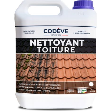 Codève Bois – Nettoyant toiture 5 L – Antimousse incolore pour tuiles, ardoises et fibrociment – Pénétration profonde, rendement 10-15 m²/L