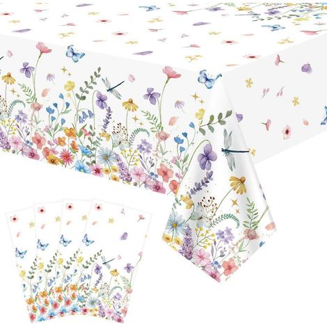Tischdecke mit Frühlingsblumen & Schmetterlingen, 130x220 cm, 4er Pack