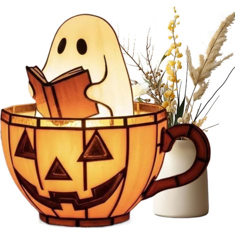 CCYKXAGénérique Halloween Ghost Light, Pumpkin LED Night, Cute Resin Ghost Desk Ornament, Battery Operated Tabletop Decoration for Bedroom Living Room Party (1/5)