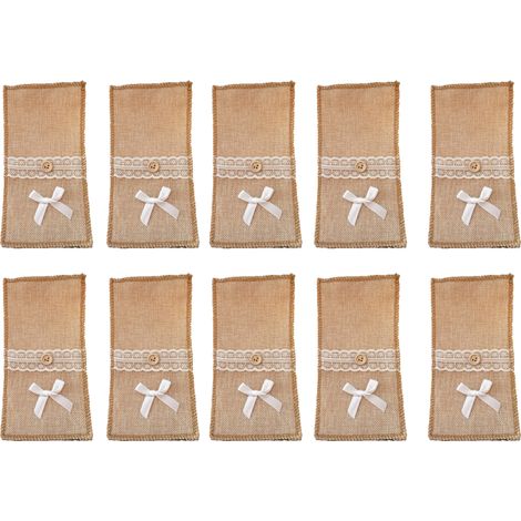 Sac À Couverts En Jute - Lot De 10 - Pour Décoration De Table Rustique - Mariage Buffet Fêtes (1/5)
