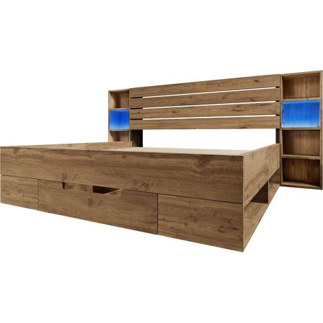 Lit en bois massif 180×200 cm, sommier bois, lumière LED, tiroirs et compartiments de rangement. Cadre en planches de bois d’acajou (pas de matelas). (1/5)