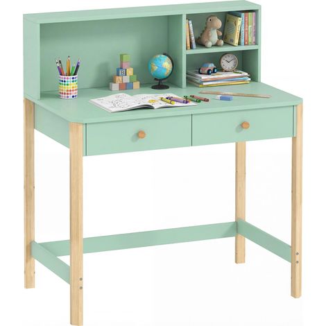 Bureau enfant pour les 5-12 ans, en bois, avec 3 étagères et 2 tiroirs, 90 x 52 x 105 cm, vert. (1/5)