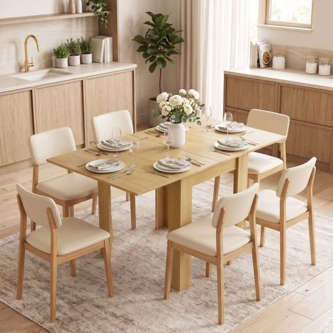 DESMIU Table de Salle à Manger Extensible 4 à 6 Personnes avec Plateau Rabattable, pour Cuisine et Salle à Manger, Bois (1/4)