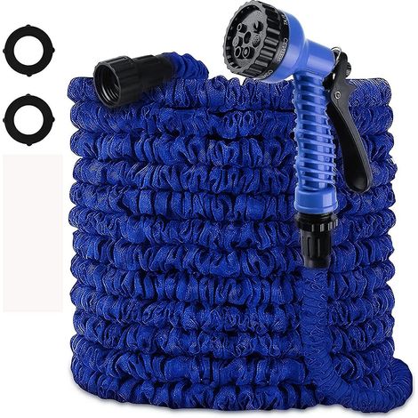 Tuyau d'arrosage extensible de 30 m, tuyau d'arrosage portable léger et flexible avec pulvérisateur à 7 buses pour l'arrosage et le nettoyage du jardin (100 pieds, bleu) (1/5)