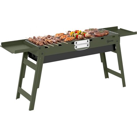 Outsunny BBQ Grill, Charcoal Barbecue with 2 Side Shelves and Handle, Green