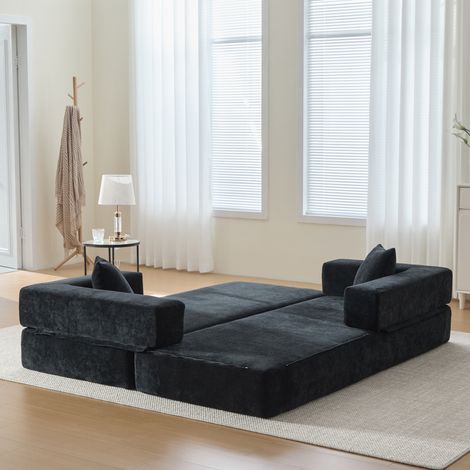 Sofá modular 198 x 79 x 60 cm de chenilla negra, compacto, FloraGrace (1/5)