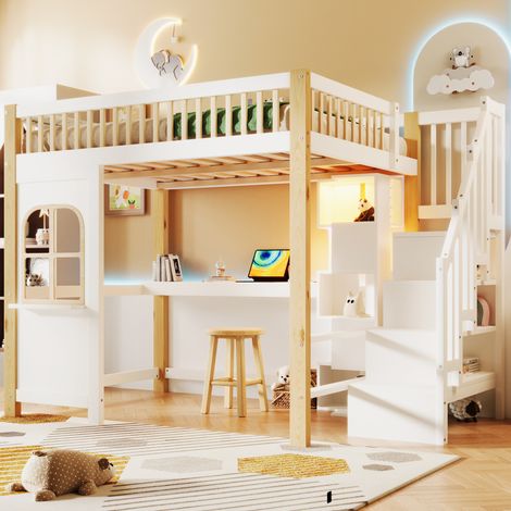Cama alta infantil con escritorio almacenaje LED pino OKMYHOME (1/5)