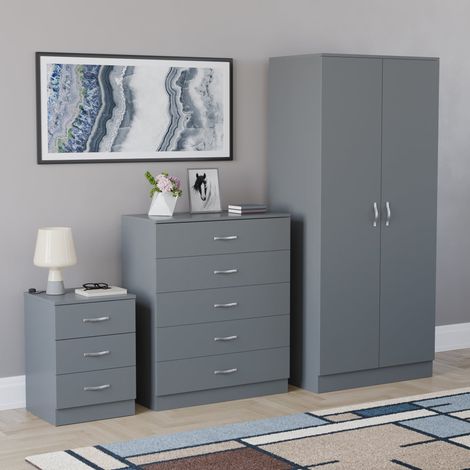 Riano 3 Piece Bedroom Set (3 Drawer Bedside Chest, 5 Drawer Chest, 2 Door Wardrobe) Grey (1/5)