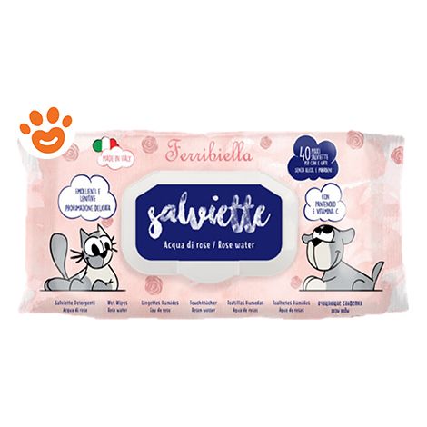 Ferribiella Dog & Cat Salviette Detergenti Acqua di Rose - Confezione 40 Salviette - Igiene Cane
