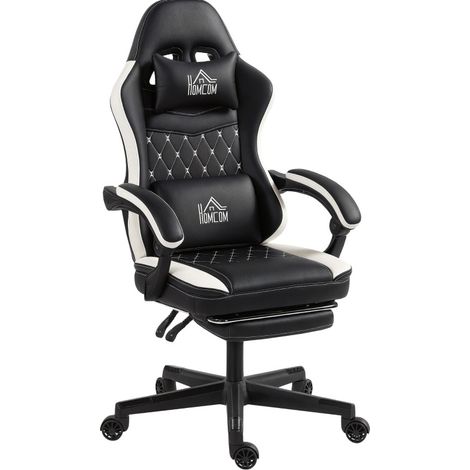 Sedia gaming con poggiapiedi, poggiatesta e cuscino, similpelle, nera e bianca (1/5)