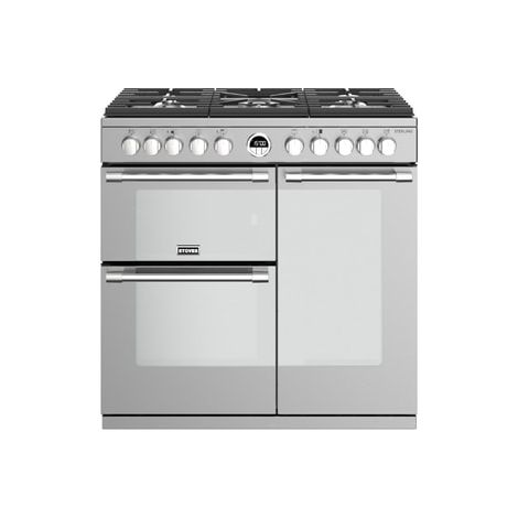 Piano de cuisson gaz 5 foyers – 3 fours électriques – Chaleur tournante pulsée – Nettoyage manuel – Largeur 90 cm – Inox – Stoves