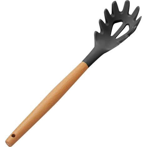 1 Fourchette à pâtes, Silicone résistant chaleur, Manche bois ergonomique, Ustensile cuisine antiadhésif, Pour spaghetti et soupe
