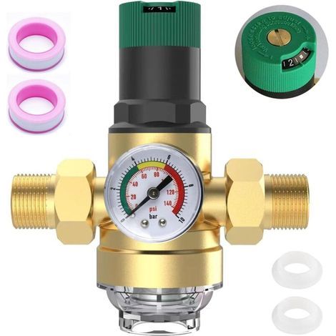 Reducteur de Pression Eau avec Manometre, Filtre à Eau Raccord Domestique 3/4 Réducteur de Pression Réutilisable Pré-filtre Filtre à Sédiments Réducteur de Pression D'eau Laiton (1/4)