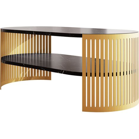 Mesa de centro Sordore 116, Dorado + Mármol negro, 40x50x100cm, Diámetro: 0, Aglomerado laminado, Ovalada (1/3)