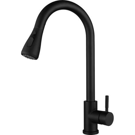 Cross-border 304 Stainless Steel Pull-out Kitchen Faucet, Brushed Gold Hot and Cold Water Faucet, Lead-free Sink and Dishwasher Faucet - Black [One-button Stop Pull-out Head]