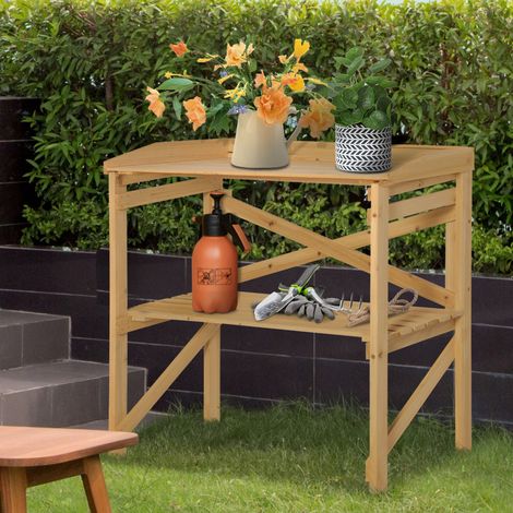 Table de jardinage avec étagère, table à fleurs, table de jardin, bois, marron clair, 80 x 40 x 84 cm