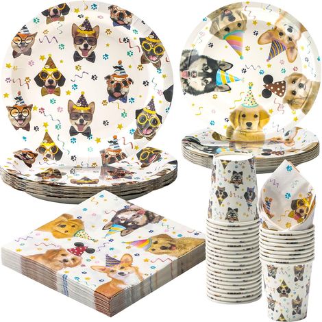 Lot de 96 assiettes jetables en papier pour chiens et animaux de compagnie - Assiettes en papier jetables - Gobelets pour animaux de compagnie - Décoration de fête - Service 24 invités (1/5)