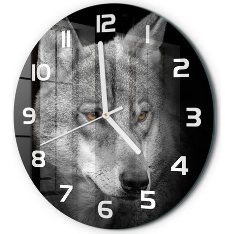 Horloge Murale Ronde Déco Salon Verre Trempé Silencieuse Design Contemporain Loup fi 30 cm (1/5)