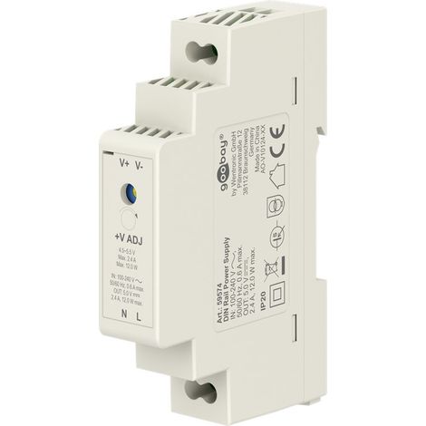 Goobay 59574 Fuente de alimentación 5 V para carril DIN ideal para el funcionamiento de sistemas vigilancia y acceso/transformador alimentación/sistema de timbre/carril DIN 2,4 A y 12 W