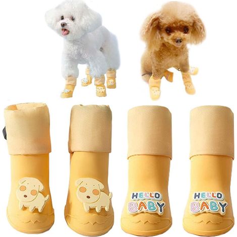 Lot de 4 bottes imperméables pour chiens, chaussures pour chiens de taille moyenne et petite, pour la neige et la pluie (jaune) (1/5)