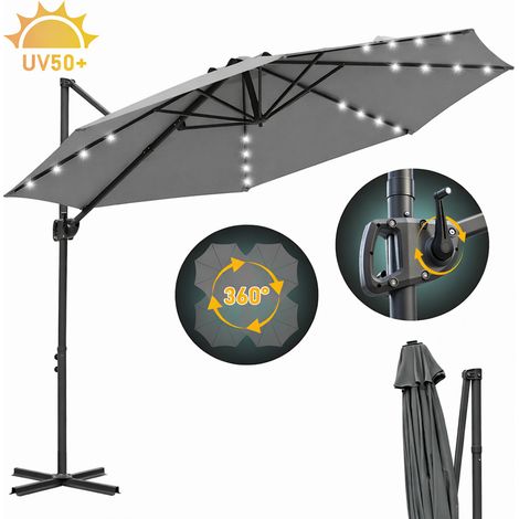 Randaco Sonnenschirm Ampelschirm 3x3 m Grau mit Solar LED, 360° drehbar & 0–60° neigbar, UV50+ wasserabweisend, Kurbel, Garten Terrasse Balkon