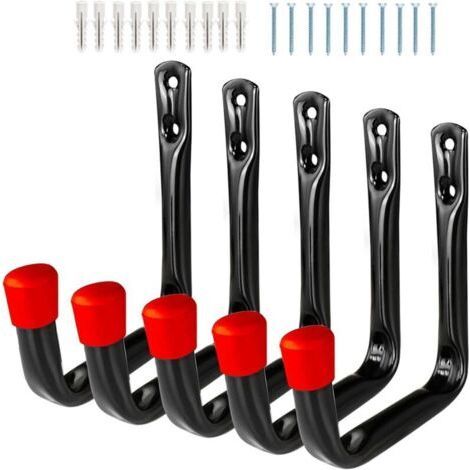 6 Pieces Garage Wall Hooks, Heavy Duty Screw-In J Hook, Wall Mount Brackets for Power Tools, Hose, Garden, Folding Chair, Red (1/5)
