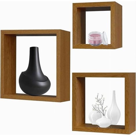 Trade Shop - SET 3PZ MENSOLE DA PARETE A CUBO MODERNE DESIGN QUADRATO EFFETTO LEGNO 2 RIPIANI - (1/5)