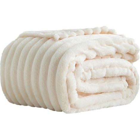 Couverture polaire Sherpa moelleuse, douce et chaude, en jacquard rayé, pour canapé, lit, salon, 152 x 203 cm, blanc (1/4)