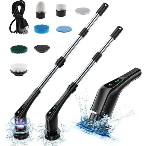 Cordless Rotating Electric Cleaning Brush 7 Interchangeable Heads Adjustable Handle Display Bathroom Tiles Floors Black (1/4)