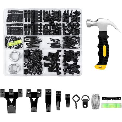 Ensemble de 331 pièces pour suspension de cadres, crochets de suspension, assortiment de crochets robustes avec fil de suspension, anneaux en D, clous de fixation, crochets à œillets noirs (1/5)