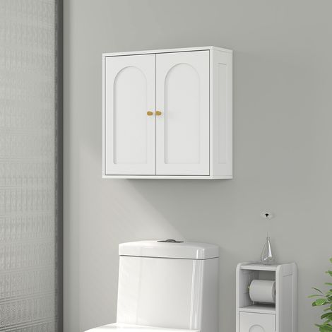 Badezimmer-Wandschrank mit Regalböden, 2 Türen mit Bogendesign, goldene Griffe, 60 x 20 x 60 cm, Weiß (1/5)