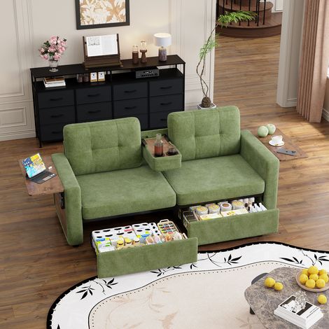 Canapé 2 places en Chenille avec rangement intégré, table d’appoint réglable et porte-gobelets - Vert (1/5)