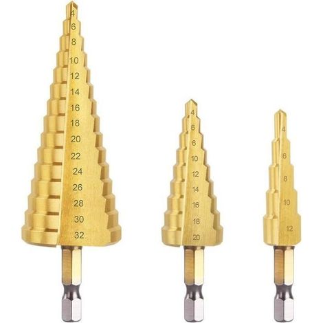 Forets étagés pour métaux - Jeu de 3 pièces - Tailles : 4-12 mm, 4-20 mm, 4-32 mm - Queue hexagonale de 6,35 mm