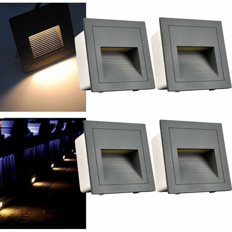 Lot de 4 Appliques Murales Encastrables LED 3W Marches d'Escalier Aluminium 230V Blanc Chaud IP65 Etanche Spots Encastrables Boîtier Gris (1/5)