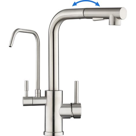 Rovogo – Mitigeur d'évier de cuisine 3 voies – Eau filtrée, acier inoxydable 304 brossé – Douchette extractible 2 modes, rotation 360°