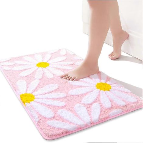 Tapis de bain antidérapant à motif marguerite rose en 3D, en microfibre douce et pelucheuse, très absorbant, lavable en machine, envers en TPR, 50 x 80 cm, pour salle de bain (1/5)
