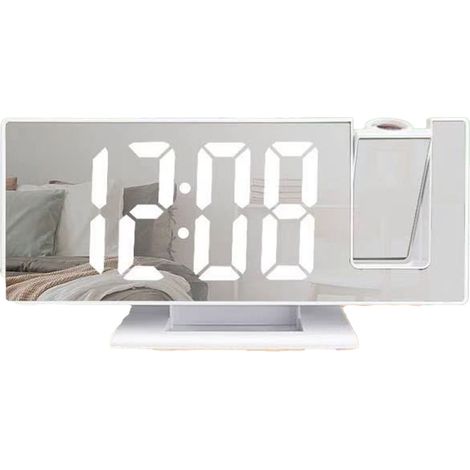 Réveil Projection LED Grand Écran avec Surface Miroir ABS, Horloge Électronique Projecteur pour Chambre, Coque Blanche et Lumière Blanche (1/5)