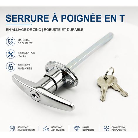Serrure poignée en T T001 tige allongée chrome brillant sans pêne t001 réf 0186 15 × 15 × 5 cm 240 g – Livraison gratuite