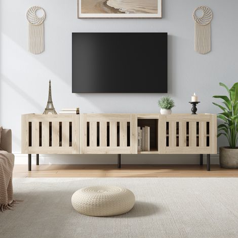 Mueble de TV de 3 puertas, apto para televisores de 65 pulgadas, chapa de madera, diseño calado, 160×40×47 cm, MDF, natural (1/5)