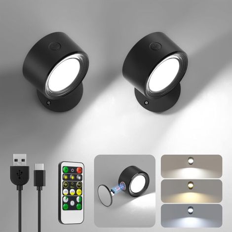 Appliques murales LED (2 unités) - Avec télécommande, trois températures de couleur, rotation à 360° - Pour lampes de chevet de chambre (1/5)