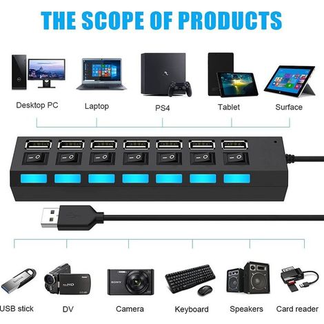 Hub USB portable compact, répartiteur multiport avec commutateurs indépendants, améliore l'efficacité du transfert de données pour les postes de travail mobiles.