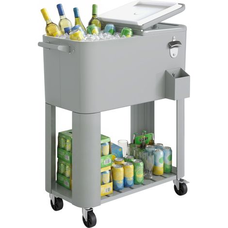 Frigo Portatile 76L con Ruote, Ripiano e Apribottiglie, in Plastica, Metallo e Acciaio, 92x39x81 cm, Argento