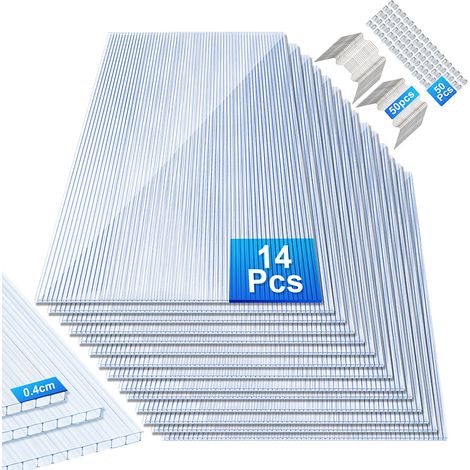 Randaco 14x Plaques de polycarbonate creux 4mm 121x60,5cm 50 clips vitrage serre de jardin 10,25m² résistant UV double paroi isolante alvéolaire (1/5)