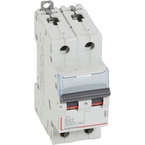 Disjoncteur DX³6000 10kA arrivée haute et départ bas à vis 2P 230V à 400V - 63A - courbe B - 2 modules - LEGRAND