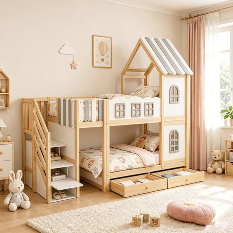 Kinder-Etagenbett 90x200 cm Weiß/Grau/Naturholz aus Holz mit Hausdesign, Wolken-Sicherheitsgittern und Stauraum (1/5)