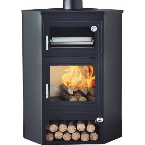 Fm Calefaccion – Poêle à bois d'angle avec four 11.3 kW – Système double combustion – Évacuation des fumées supérieure – Volume de chauffe 305 m3